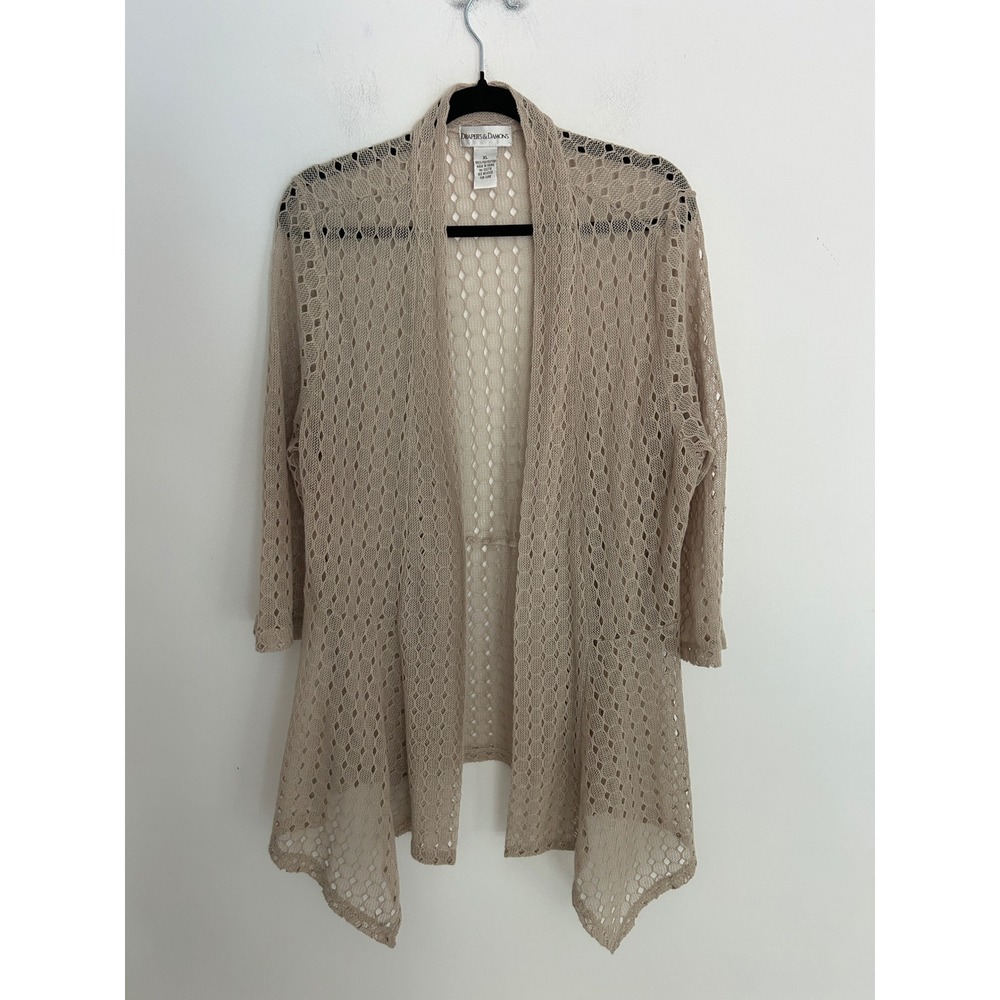 Drapers & Damons Womens XL Beige Tan Open Knit Pointelle Cardigan Sharkbite Hem